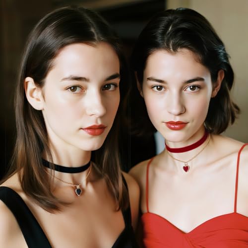 Montrestar 2 Stück Choker Kette Damen Schwarz Rot, Herz Halsband Velvet Verstellbare, Samt Chocker Kette Halskette Schmuck für Damen Mädchen Party Cosplay Halloween Deko und Geschenke