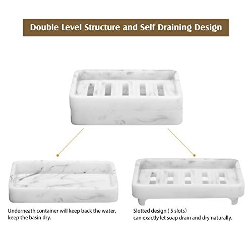 Shinowa Resin Soap Dish, Self-Draining Bar Soap Holder Tray Soap Saver With Drainable Board, Dual Layer Soap Sponge Holder For Bathroom Kitchen Shower Bathtub Sink Counter-Top, Marble White #TOP3