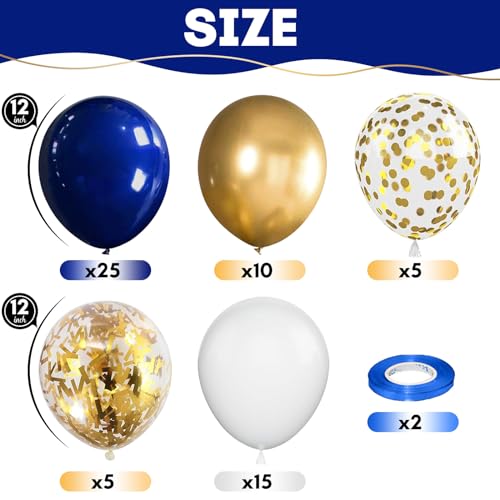 Image of Navy Blue Gold Balloons, 60 Packs 12 Inch Dark Blue White Gold Metallic Chrome Confetti Party Balloons with Ribbons for Birthday, Wedding, Baby Shower, Graduation Father's Day Decorations