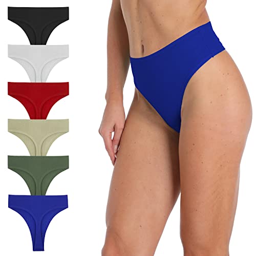 Image of 6 Pack Women's Ribbed Cotton Thongs High Waist Panties Underwear | GAREDOB 6 Pack Women's Ribbed Cotton Thongs High Waist Seamless Panties Plus Size High Rise No Show Underwear