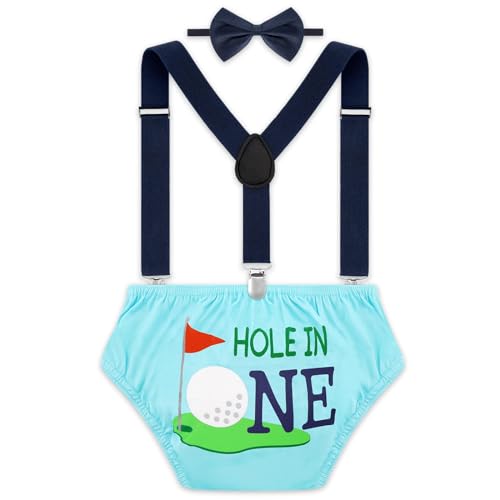 Image of Gicoherero Golf Cake Smash Outfit Baby Boy First Birthday Gift Hole in 1 Birthday Bloomers Bowtie Adjustable Y Back Suspenders Toddler Golf Boys Clothes Set for Photo Shoot 12-18 months