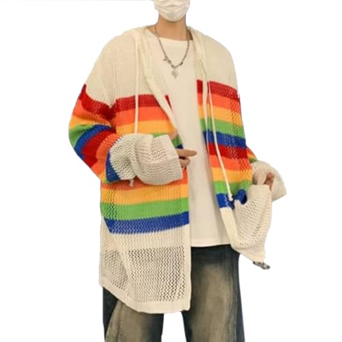 HZCX FASHION Mens Women Hollow Out Crochet Knit Hooded Shirt Long Sleeve Lightweight Streetwear Rainbow Sweater Zip Up Hoodie