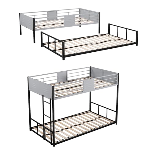 HSUFLWS Twin Over Twin Bunk Bed with Full-Length Guardrail and Vent Board, Heavy-Duty Metal Bunk Bed Convertible into 2 Separate Twin Beds for Kids, Student Dorms – Black