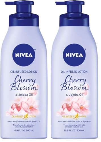 NIVEA Oil Infused Cherry Blossom and Jojoba Oil Body Lotion for Women, Fast-Absorbing and Non-Greasy Cherry Blossom Scented Lotion Moisturizes for 48 Hours, 16.9 Fl Oz Pump Bottle (Pack of 2)