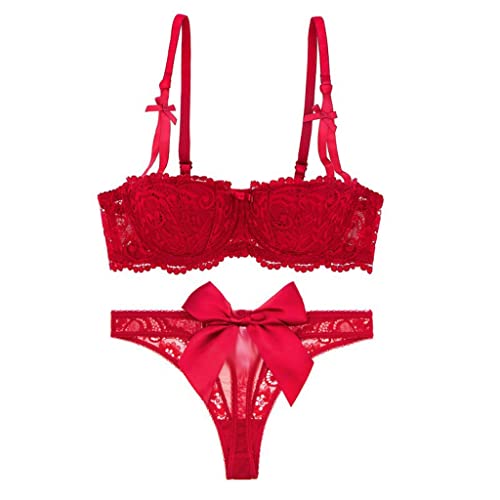 Generic Sexy Lace Half Cup Push Up Lingerie Set Underwire And Padded Bra Bow Thong Bra Set (Color : Red, Size : 70A) #TOP24