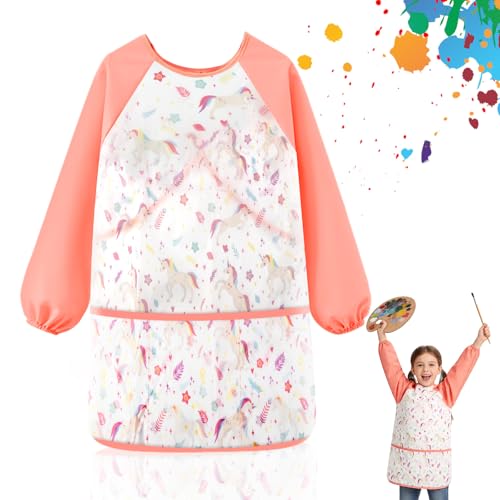 Tutukyle Malschürze Kinder Malkittel schule 1. klasse Malerkittel Bastelschürze 6-12 Jahre Langarm mit Klettverschluss 3 Taschen Malerkittel Langen Ärmeln Wasserdicht (unicorn3)