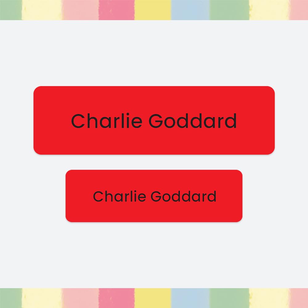 96 x Personalised Stick-On Waterproof Washable Name Labels Pack of 2 Sizes for Clothes, Water Bottles, School Uniform, Equipment, Shoes, School, Nursery, Day Care - Red (SFP)