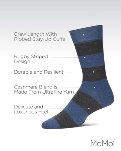MeMoi Men's Rugby Striped Luxuriously Soft Cashmere Blend Crew Socks Med Denim Heather 10-133