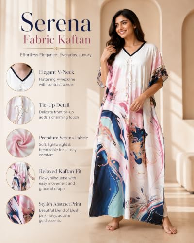 Image of Noty Women's Kaftan Nighty | Digital Print | Sarena Fabric | V Shaped Neck Nightwear | Nightdress for Girl