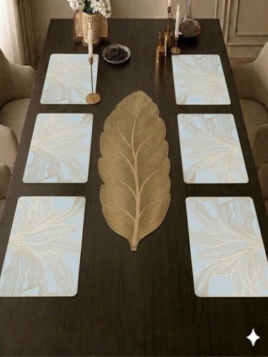 Image of Dakshya Industries PVC Waterproof Table Placemat & Table Runner Combo Set | 6 Dining Table Mats + 1 Runner | Heat Resistant, Washable, Non-Slip Table Mat Set (Elegant Mat)
