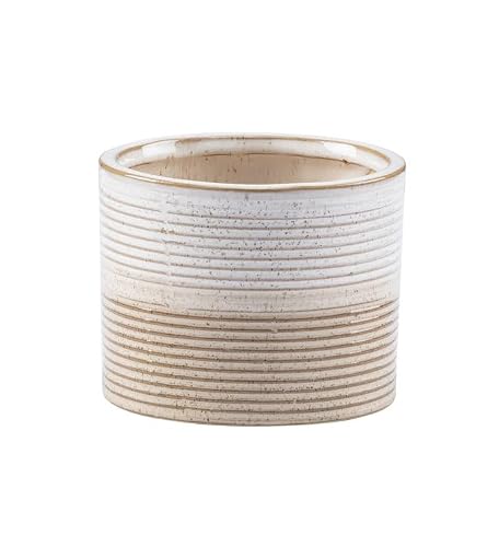 Napco Minimalist Scandinavian Ceramic Planter – Small 3.5 x 4.25 Inch White and Beige Ribbed Flower Pot | Modern Organic Decorative Planter for House Plants, Succulents & Herbs, Home or Office Décor