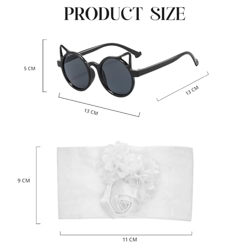 Image of SYGA Baby Rose Flower Stretchable Headband With Uv Protection Cat Type Sunglasses Stylish Combo For Toddlers And Kids (White, Black)