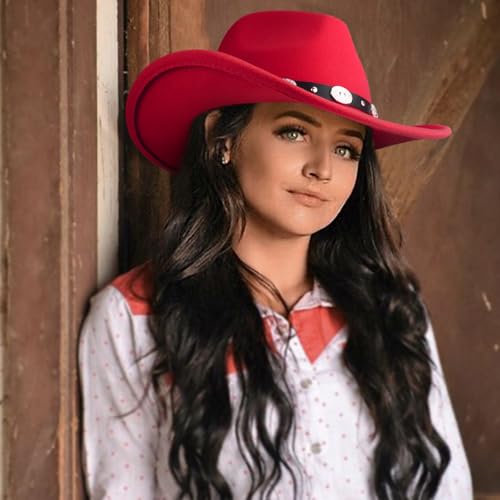 Image of DRESHOW Women Men Classic Felt Wide Brim Western Cowboy & Cowgirl Cap Belt Buckle Retro Panama Hat Unisex Rolled up Caps