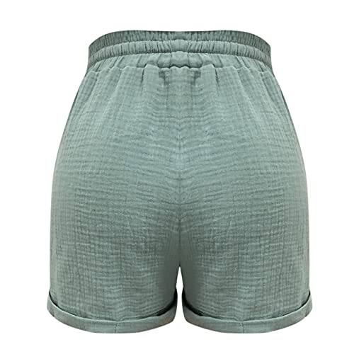 Jumesgu Women's Shorts Summer Casual Drawstring Elastic Belt Rolled Hem Bermuda Shorts With Pockets Green #TOP3