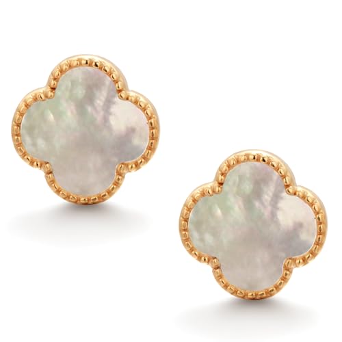 925 Sterling Silver 18K Gold Plated Clover Stud Earrings for Women with Mother of Pearl, Hypoallergenic 925 Sterling Silver Dainty Lucky Clover Jewelry Gift2