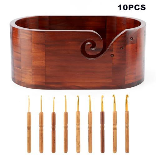 Image of Wooden Yarn Bowl, Yarn Bowls for Crocheting, Crochet Yarn Holder with 9pcs Knitting Hooks, Yarn Storage Crochet Bowl Knitting for Crocheters and Knitting Lovers, Large Yarn Bowl(Color:Retro Brown)