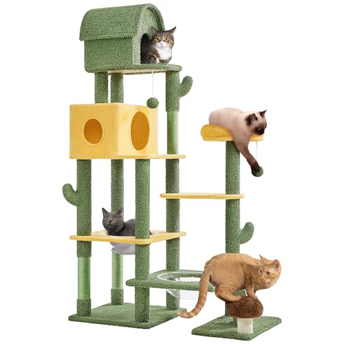 Yaheetech Árbol Rascador para Gatos Grandes Diseño de Oasis Tour en Forma de Cactus Altura 174 cm Torre de Gatos con Plataformas Cueva Multiniveles Verde y Amarillo