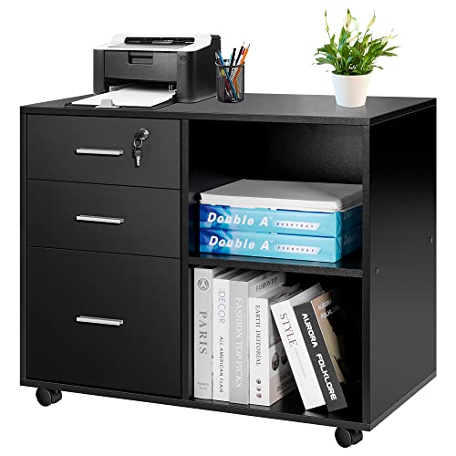 VIVOHOME Gabinete de archivo de madera negro de 3 cajones, gabinete de archivo lateral móvil, soporte de impresora Cover