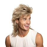 CATMEYE Peluca Mullet Rubio Claro Estilo Rockero Años 80 para Hombre, Peluca Sintética Larga Ondulada Resistente al Calor con Gorro Ajustable, Disfraz para Fiestas y Halloween (Rubio claro)