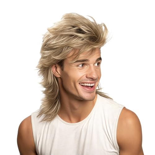 CATMEYE Light Blonde Mullet 80s Rocker Wig for Men HeatResistant Synthetic Long Wavy Wig with Adjustable Cap Fancy Dress Costume for Party & Halloween (Light Blonde)