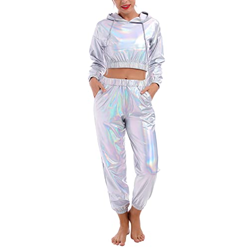 IMEKIS Damen Glänzende Metallic Trainingsanzug Jogginganzug Sportanzug...