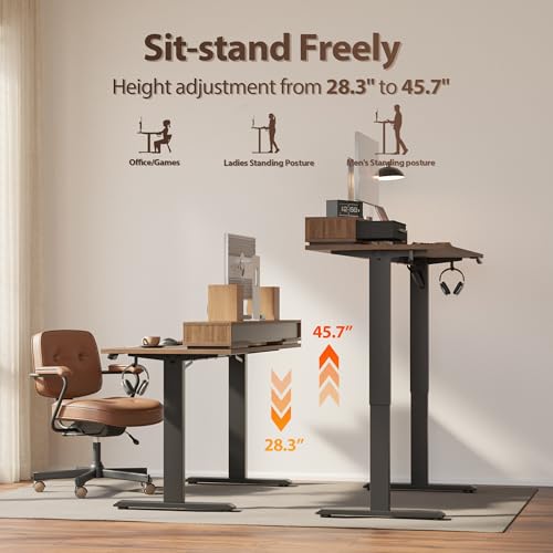 Image of Agilestic 63 Inch L Shaped Electric Standing Desk with Shelf, Height Adjustable Large Desk with Power Outlets & LED, Corner Sit Stand Up Table with Monitor Stand, Computer Workstation, Vintage