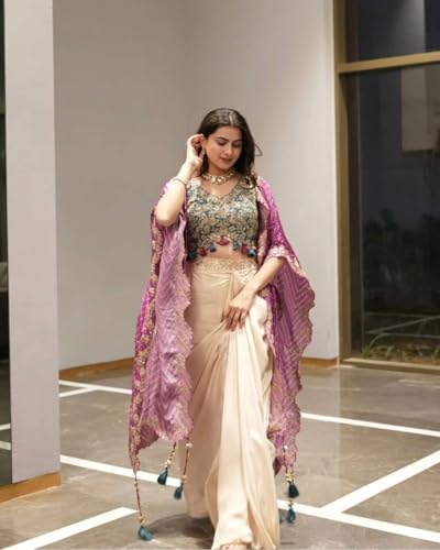 Image of Women Indo Western Dhoti Set with Blouse and Shrug Sequins Embroidery Bandhani Print Ethnic Wear