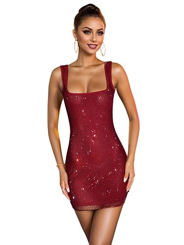 Image of Figdaw Adjustable Straps Rhinestone Bodycon Dress for Women Special Occasions