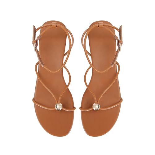 Image of Strappy Flat Sandals for Women Comfortable Open Round Toe Sandals Dressy Beach Thong Flip Flop Slides