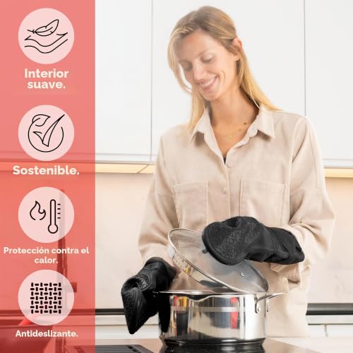 Miniatura 7 de Avana Guantes De Horno De Silicona, Resistentes Al Calor, Antideslizantes, Con Forro Interior De Algodón Suave, Hasta 350 C, Guantes Para Cocinar Y Hornear, Color Negro