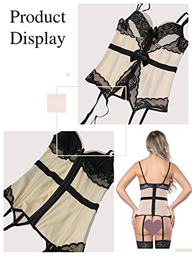 Topmelon Sexy Corset Lingerie for Women Naughty Lace Corset Garter Straps Overbust Corsette Boudoir Outfits (S, Nude)