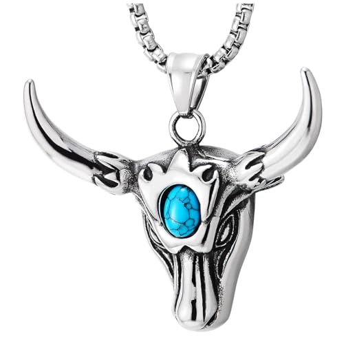 Collier longhorn skull en acier inoxydable supérieur et sa pierre turquoise sculptée main