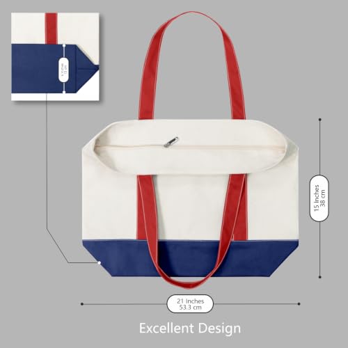 Image of TOPDesign 1-Pack Canvas Tote Bag with an External Pocket, Reusable Grocery Shopping Bag, Top Zipper Closure, Daily Essentials (Red /Blue /Natural)