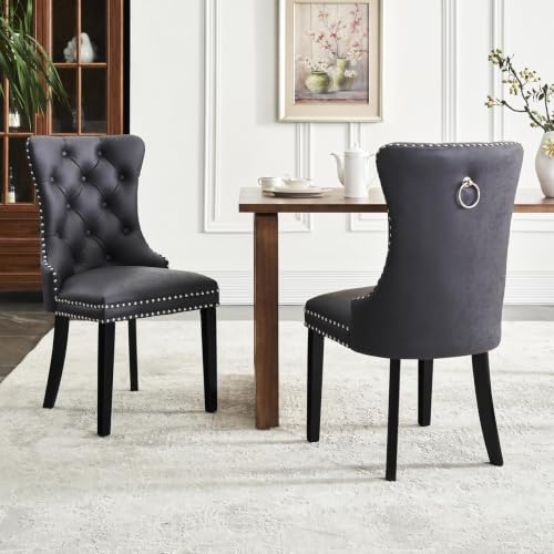 Image of Leather Dining Chairs, Upholstered Dining Room Chairs, Black, Set of 2