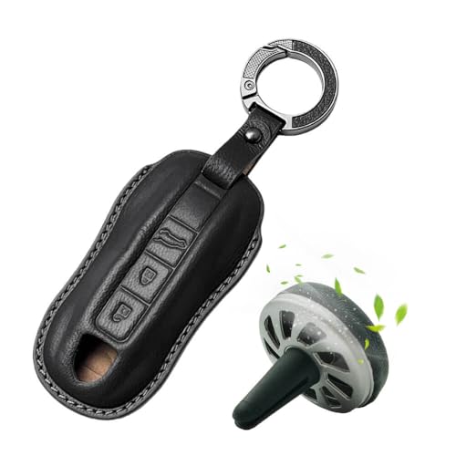 Image of Keyzone Premium Leather Key Cover & AC Vent Car Perfume Combo (4 Fragrances) | Compatible for Porsche Taycan, Cayenne, Panamera, 911, Carrera 3 Button Smart Key (Black)