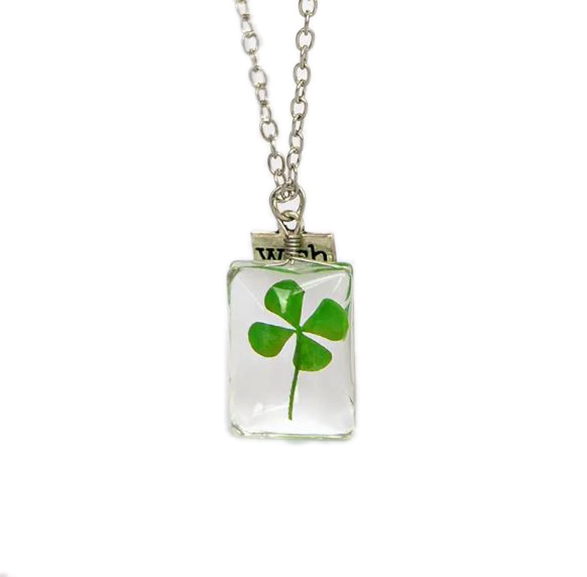 GenericUnisex Good Luck Amulet With Real 4 Leaf Clover Necklace In Rectangular Glass Pendant 18" Cable Chain Floral Jewelry St Patricks Day Accessories, Glass, 4 leaf clover