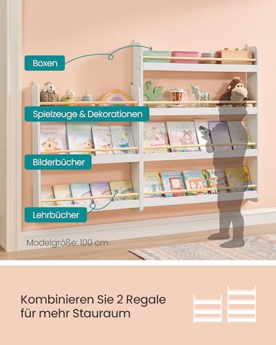 SONGMICS Bücherregal Kinder, Kinderregal mit 4 Ebenen, Spielzeugregal, Wandregal, für Kinderzimmer, Spielzimmer, weiß-naturfarben GKR014W01