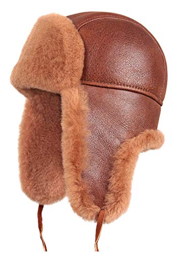 Shearling Sheepskin Leather Aviator Russian Ushanka Winter Fur Hat (L) Brown