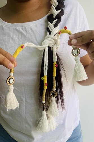 Image of Zippy Flora Neelima Handmade Boho Parandi (Snow White) | Traditional Punjabi Parandi Cotton Hair Accessory with Braid Tassels | Women's Ethnic Hair Extension for Choti, Braids & Patiala Shahi Hairstyles