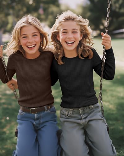 Image of 4 Pack Girls Long Sleeve Shirts Ribbed Knit Cotton Crewneck Tops Slim Fit Soft Casual Kids Base Layer Undershirts