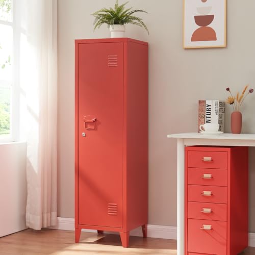 [en.casa] Casillero Metálico Kurikka con 2 Llaves Guardarropa Armario de Taquilla con 3 Compartimientos Cerradura Magnética y Patas 137 x 38 x 38 cm Acero - Rojo