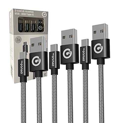 Set mit 3 USB-Kabeln, 1 m, 2 m, 3 m, Schnellladekabel, USB-A/USB-C, geflochtenes Nylonkabel für Smartphone Tablet - DEVCOline - AT CR TPCK Cover