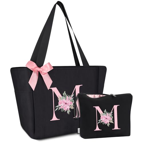Vavabox A-Z Handtasche Damen,Personalisiert Initialen Tote Bag Set,Geburtstag Brautjungfern Geschenke Für Frauen (M, Schwarz)