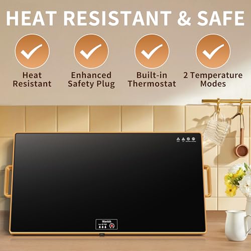 Image of Electric Warming Tray,XXL 32 inchx18 inch,Tempered Glass Warming Mat for Food,Black | Keep Food Warm,Gold Handles Food Warmers For Parties Buffet Daily Gatherings,Temperature Control,Thermostat,Full Surface Warm