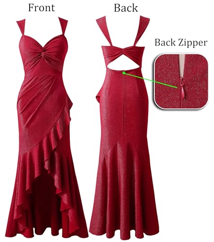 Image of VFSHOW Womens Glitter Sweetheart V Neck Twist Front Backless Ruched Ruffle Slit Formal Evening Gown Maxi Dress