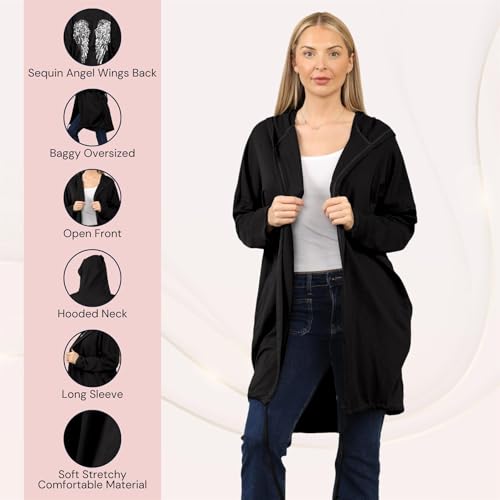 Janisramone Frauen Damen Neu Sequin Engel Flügel Zurück Baggy Übergroß Kapuzenpullover Strickjacke Jacke Sweatshirt Oben