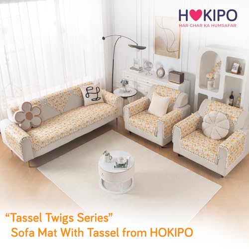 Image of HOKIPO Sunlit Butterfly Quilted Sofa Cover 5 Seater Set - Washable 3+1+1 Sofa Cover Mat with Tassel Design | 'Tassel Twigs' Series (IN-985-T3 + IN-982-T3*2)