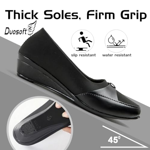 Image of Duosoft Women's Comfort Slip-On Loafers, Black Leather, Low Wedge Heel Bellies Dw-204-Brown