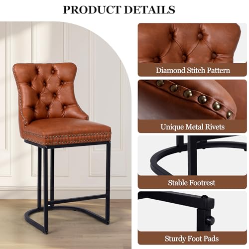 Image of UVV Counter Height Bar Stools Set of 1, 26 inch Modern Barstools with Back, Faux Leather Upholstery Counter Chairs with Metal Legs for Kitchen Island, Bar, Counter, Brown
