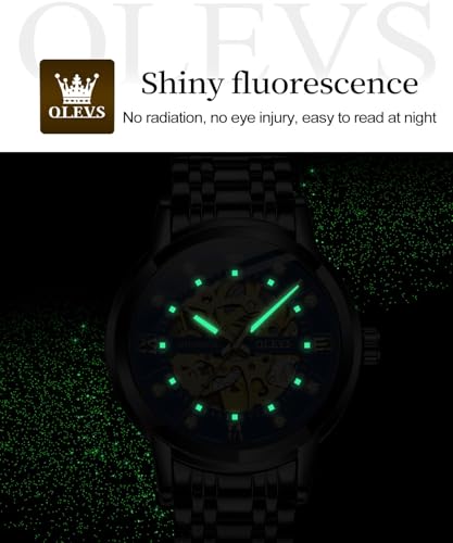 Image of OLEVS Men's Gold Skeleton Watch Automatic Mechanical self Winding Luxury Dress Stainless Steel Waterproof Luminous Wrist Watches